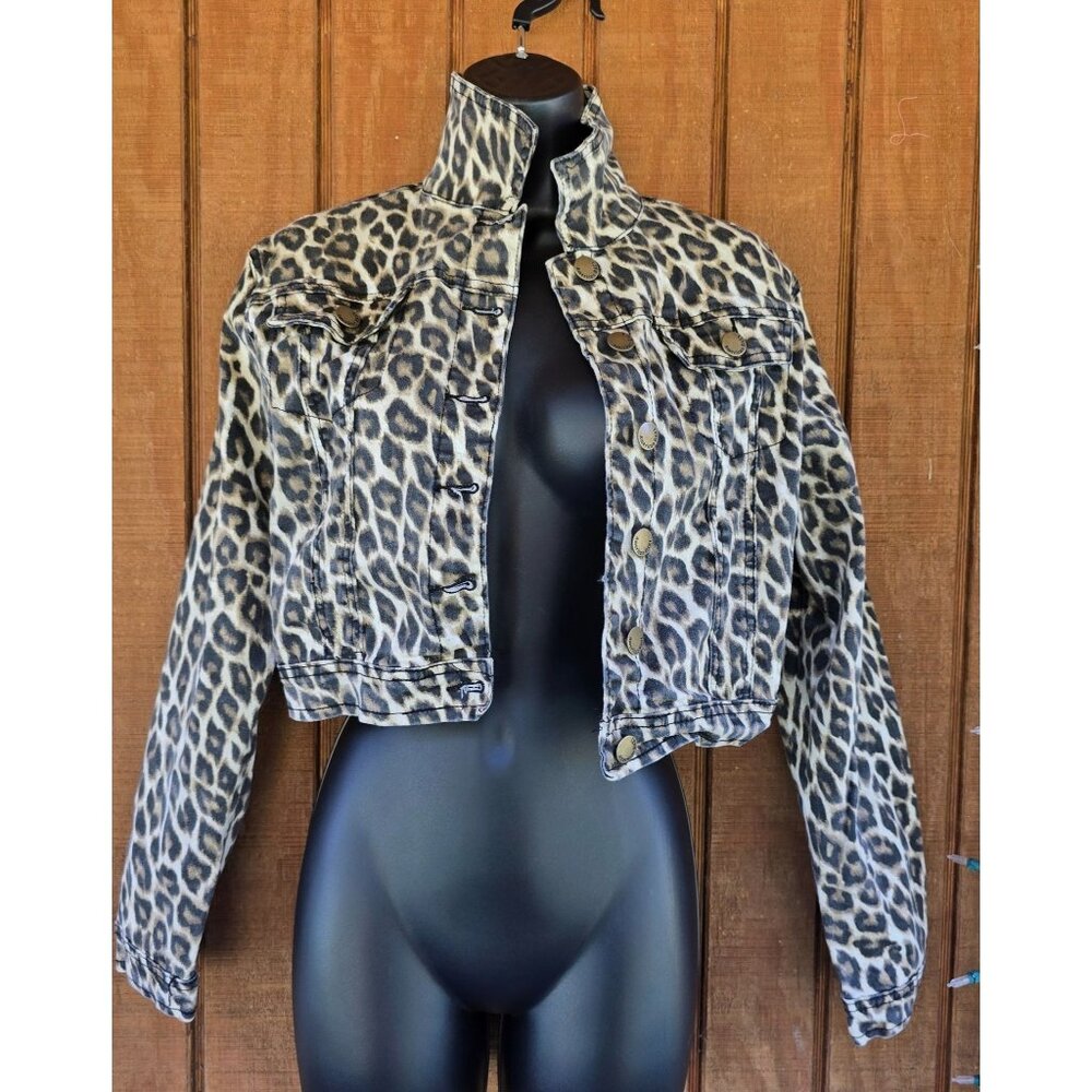 American Bazi Womens‎ Leopard Print Denim Jacket Medium